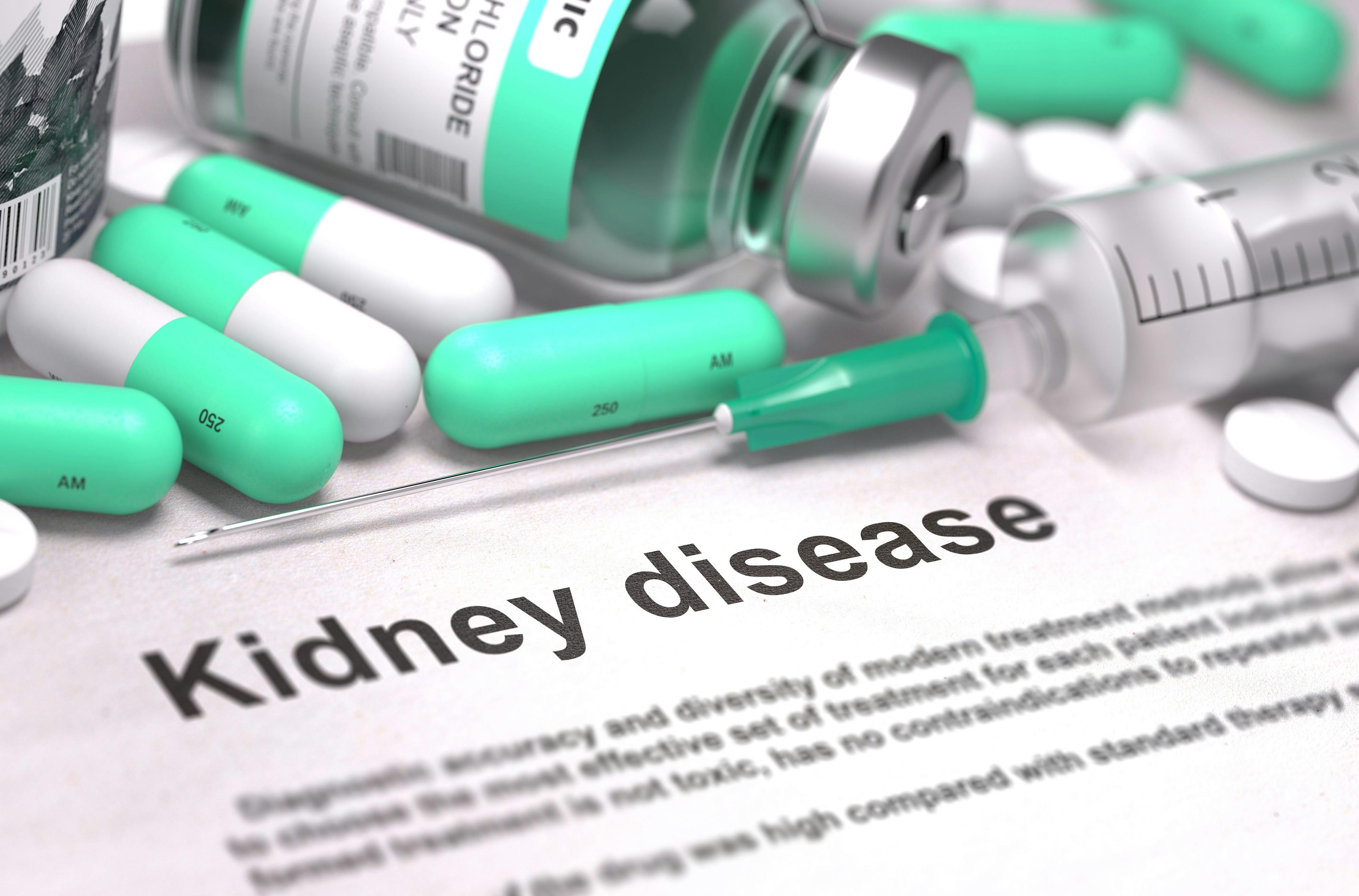 Text on a page that says "kidney disease" surrounded by medications.