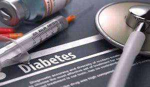 Diabetes-themed stock imagery, including an insulin vial and syringe