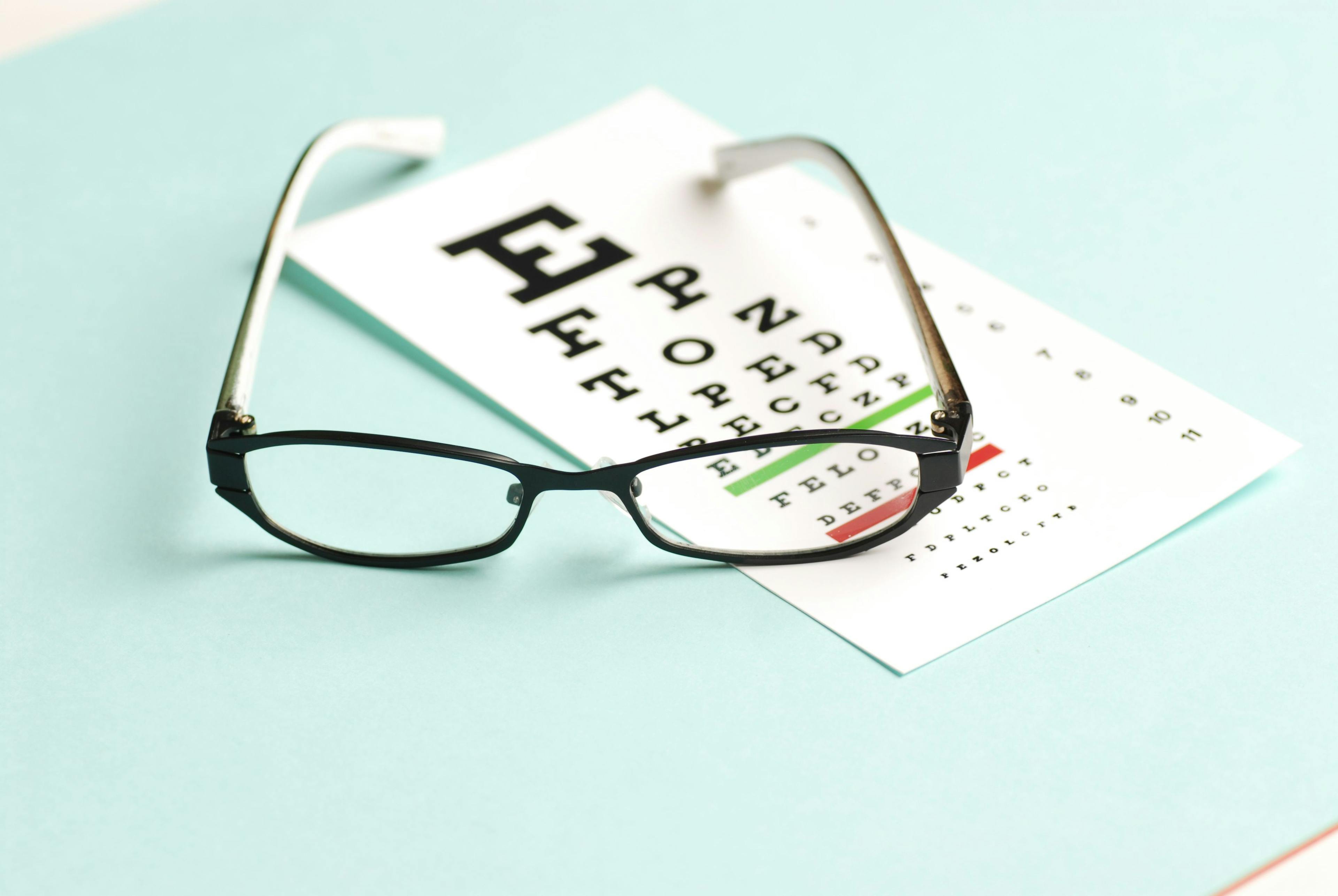 glasses sitting on top of an eye exam card