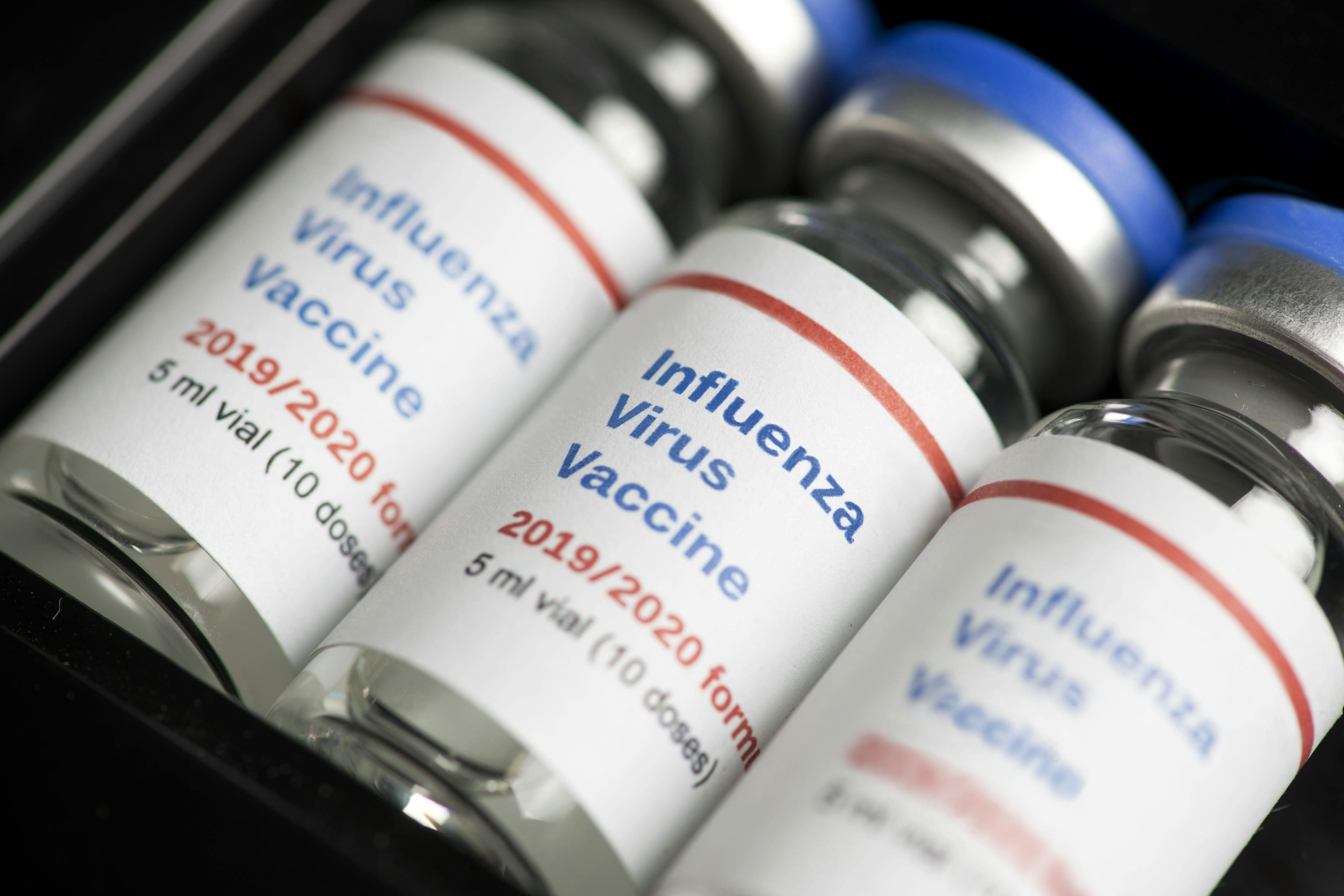 Close-up of influenza vaccine vials