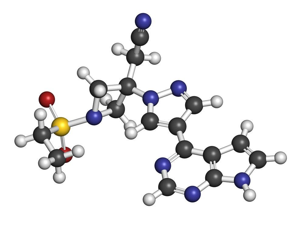 Baricitinib janus kinase inhibitor drug molecule. (Molekuul_be/Shutterstock.com)