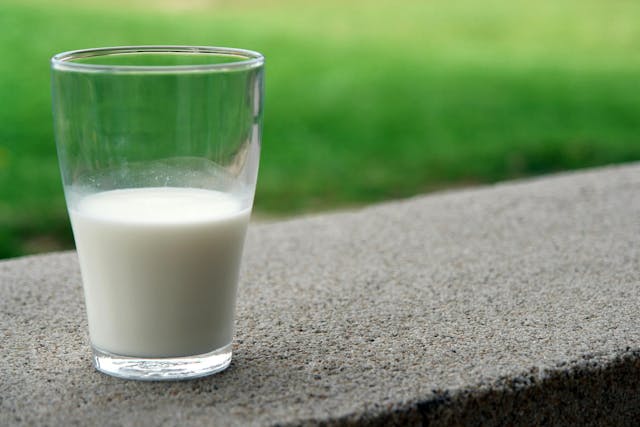 Stock image featuring a glass of cow's milk in the foreground. | Credit: Pixabay