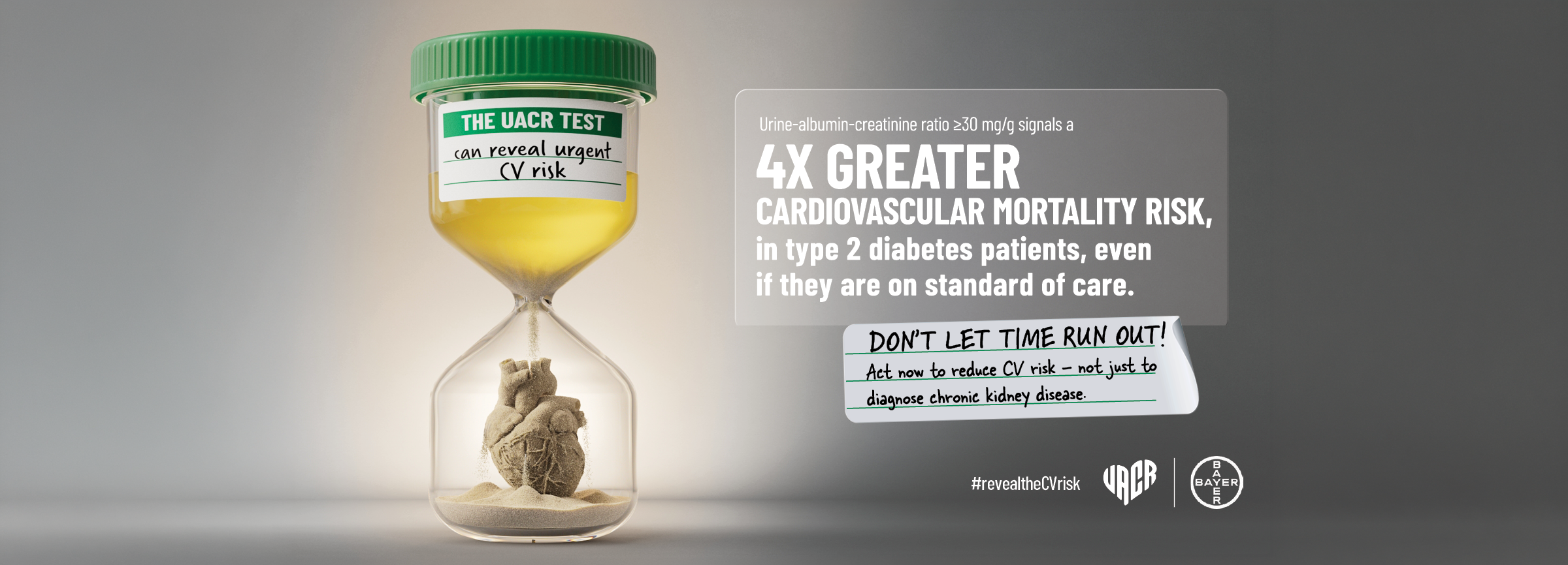 The UACR test can reveal urgent CV risk: a UACR ≥30 mg/g signals 4x greater cardiovascular mortality risk in type 2 diabetes patients, even on standard of care.
